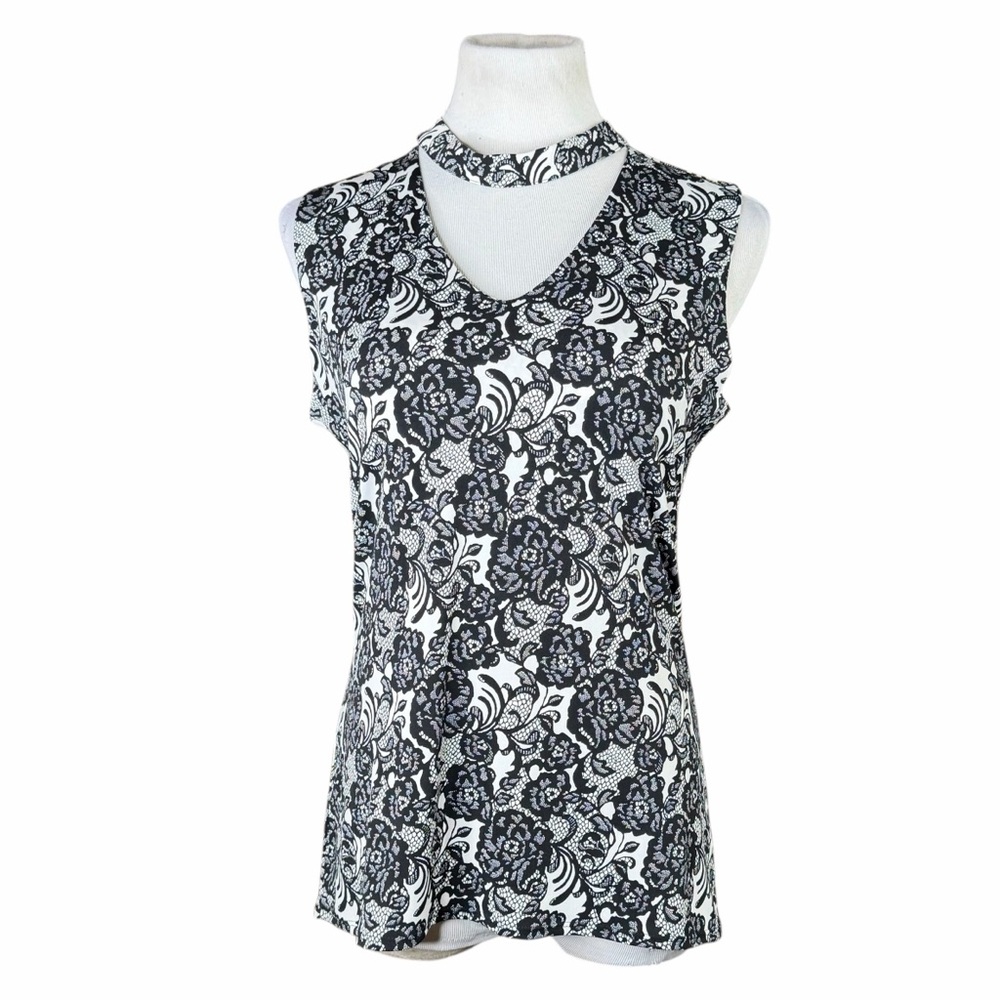 White House Black Market White & Black Floral Faux Lace Keyhole Tank - Medium - Picture 2 of 15
